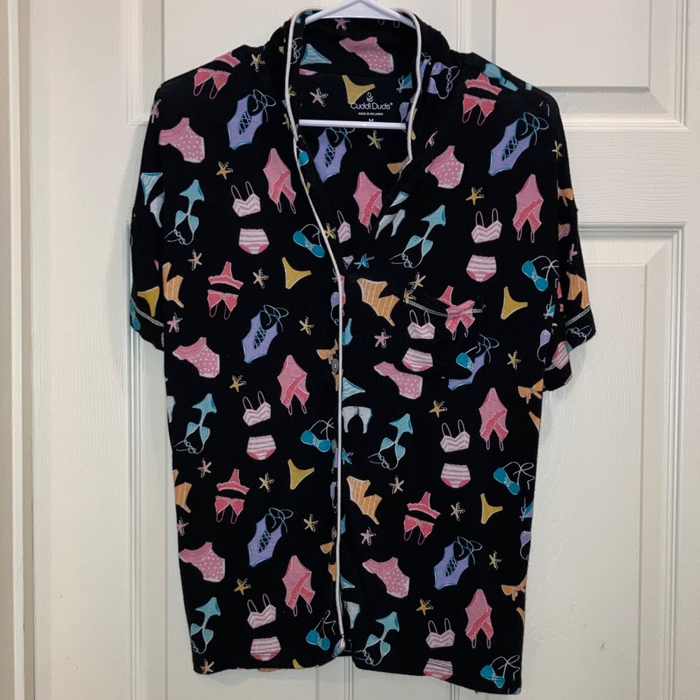 Cuddl Duds Pajama Top Black Swimsuit Print Button Down Size M Pink Soft Cozy